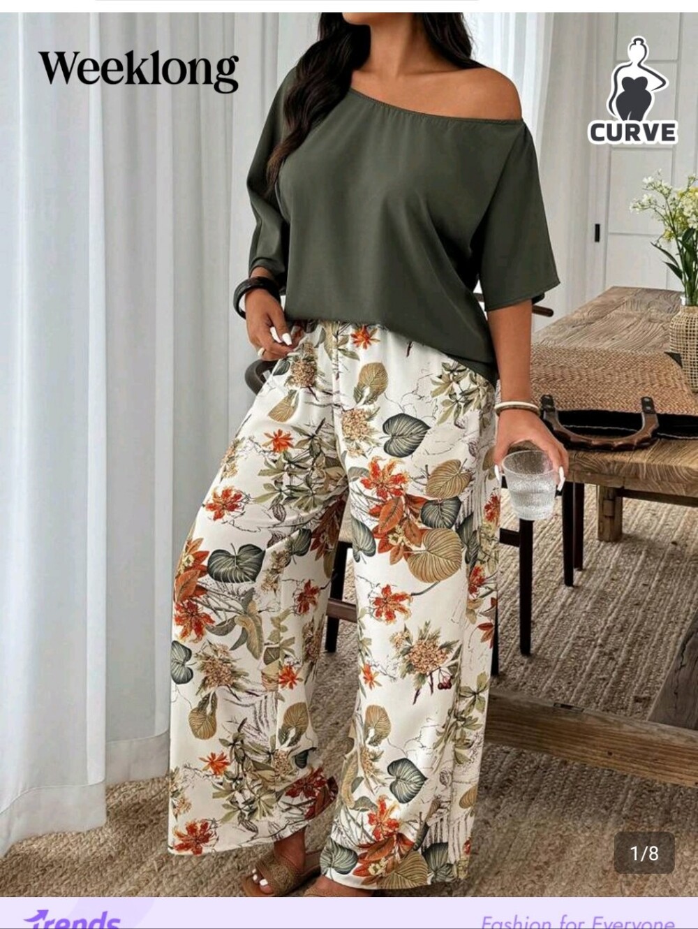 SHEIN Olive Off-Shoulder Top with Cream Floral Wide-Leg Pants
